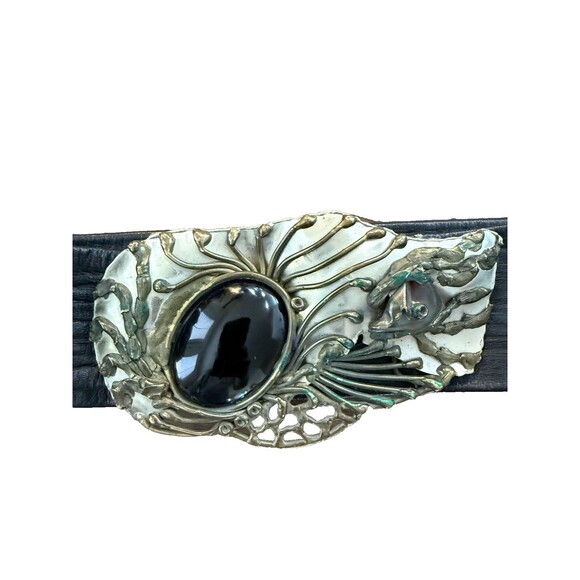 Vintage Mexican Artisan Belt Black Leather Wide Brass Sculptural Buckle Boho MCM - Picture 2 of 13